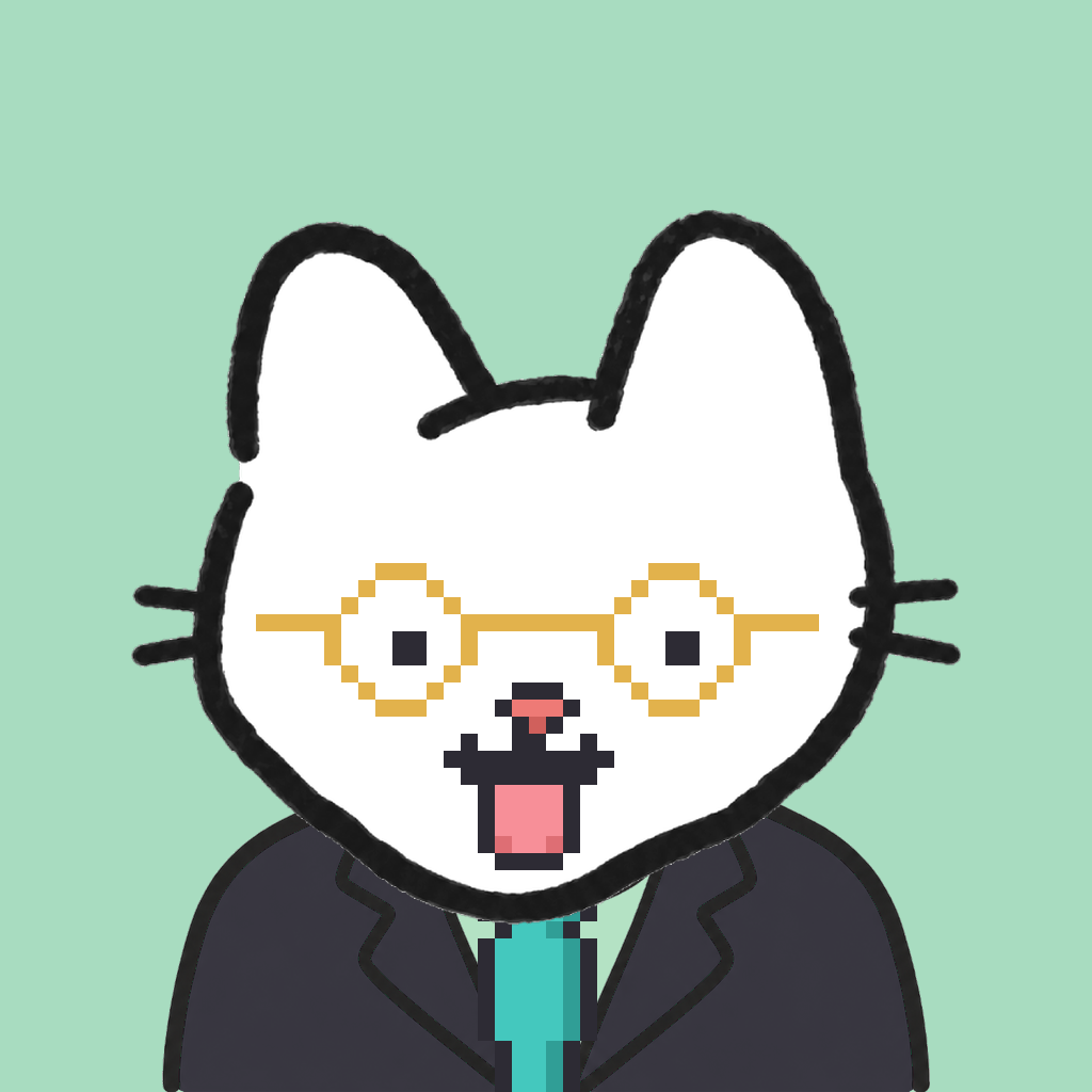 Employee #3213 — a white cat, in a black suit, with a teal tie, wearing round-gold glasses, on mint