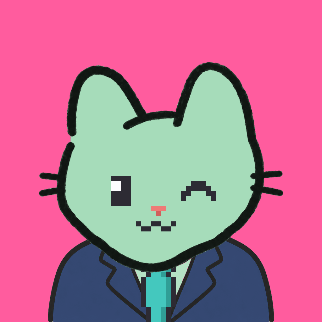 Employee #3214 — a mint cat, in a navy suit, with a teal tie, on hot pink