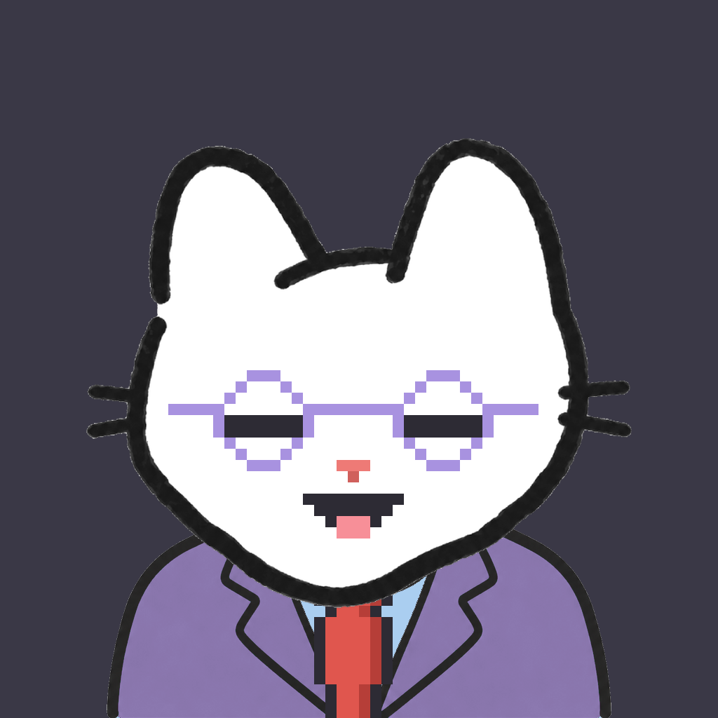 Employee #3215 — a white cat, in a lavender suit, with a red tie, wearing round-lavender glasses, on charcoal