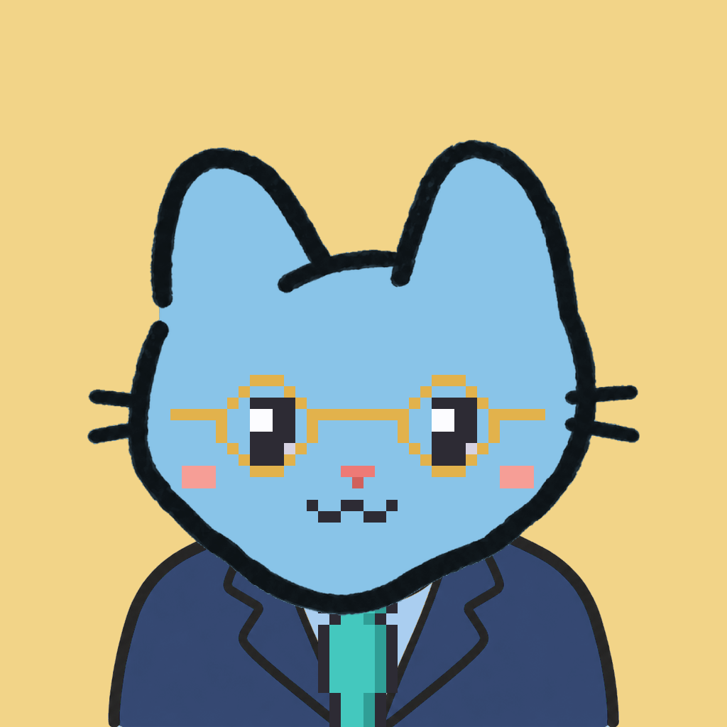 Employee #3216 — a sky cat, in a navy suit, with a teal tie, wearing round-gold glasses, on butter