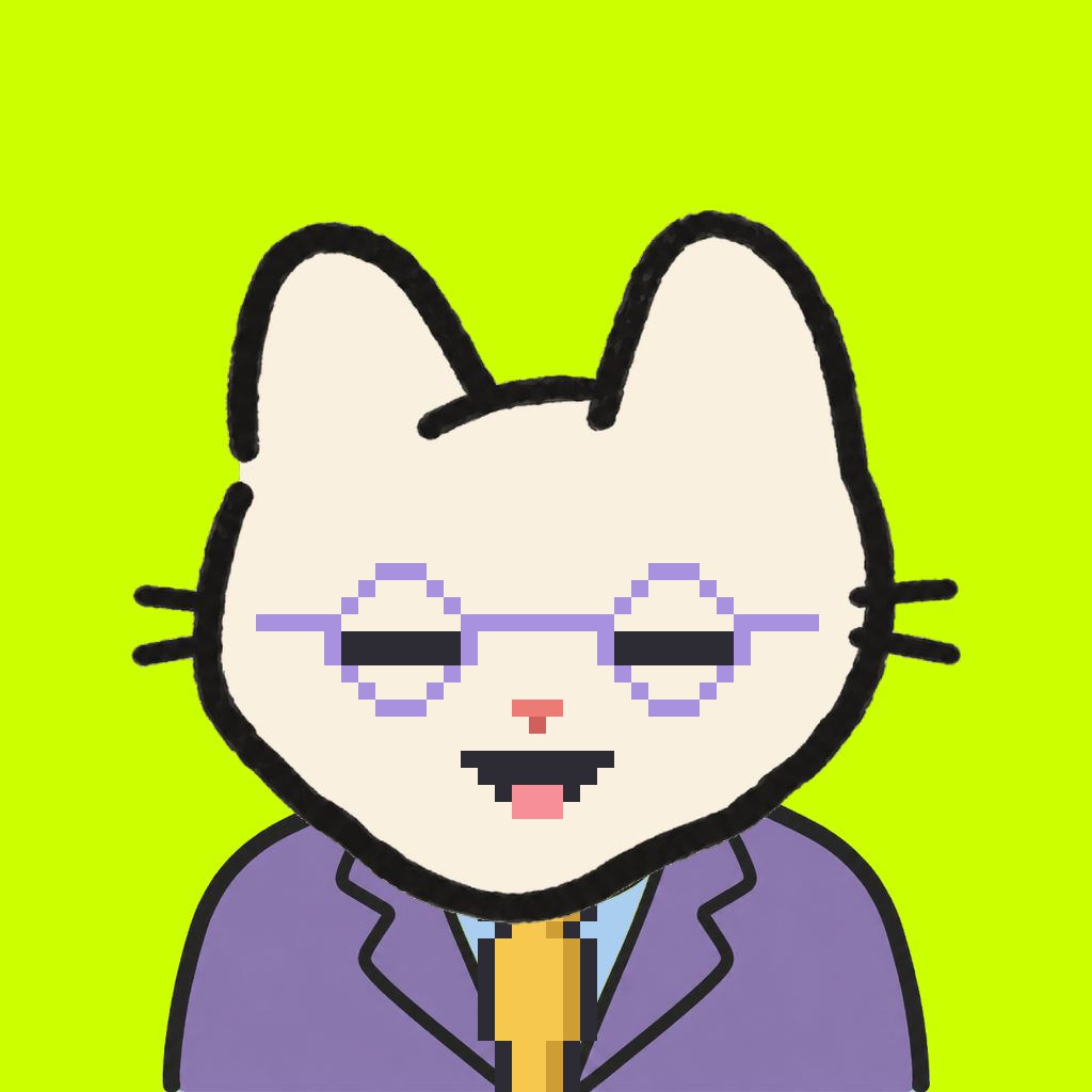 Employee #3217 — a cream cat, in a lavender suit, with a gold tie, wearing round-lavender glasses, on volt