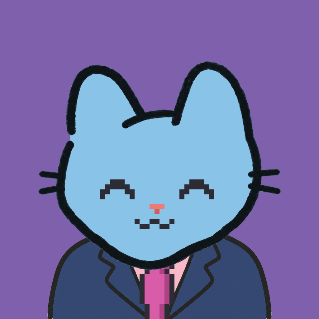 Employee #3219 — a sky cat, in a navy suit, with a magenta tie, on plasma violet