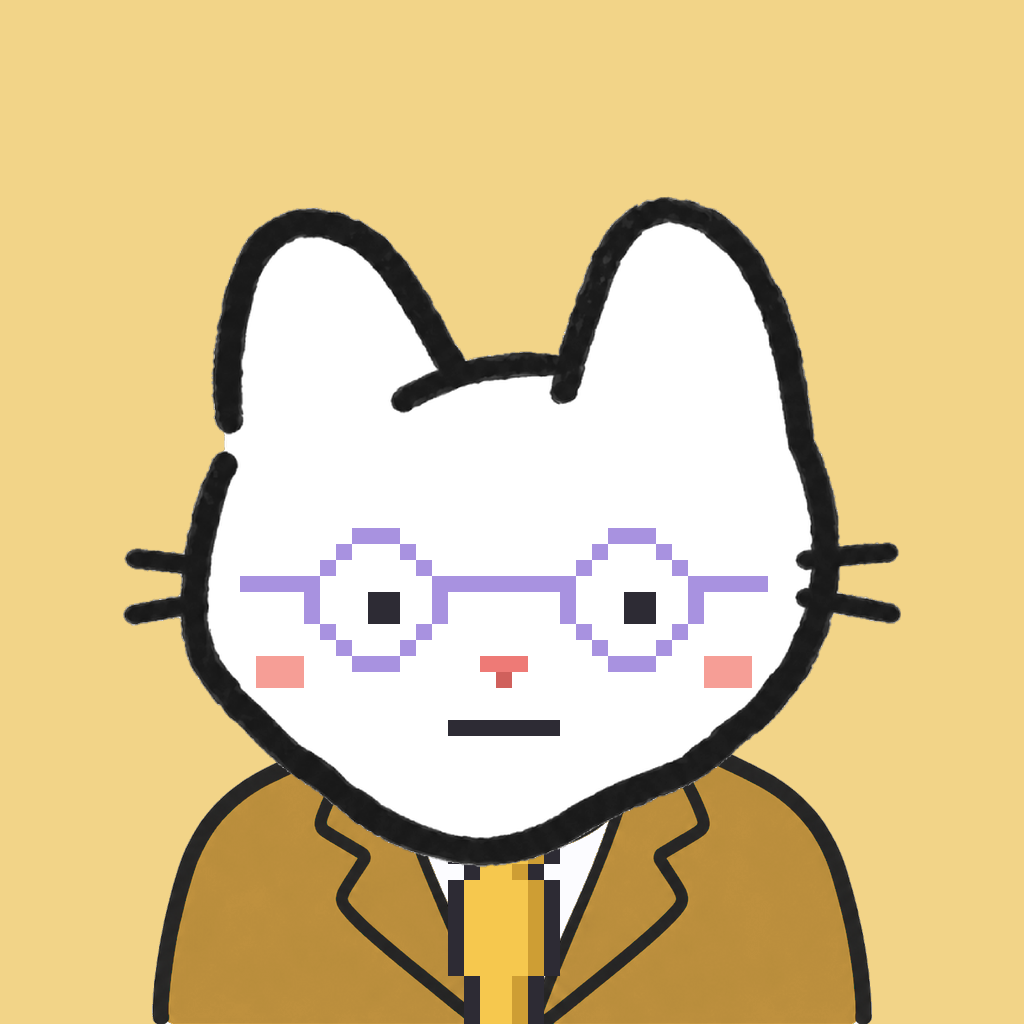 Employee #0322 — a white cat, in a mustard suit, with a gold tie, wearing round-lavender glasses, on butter