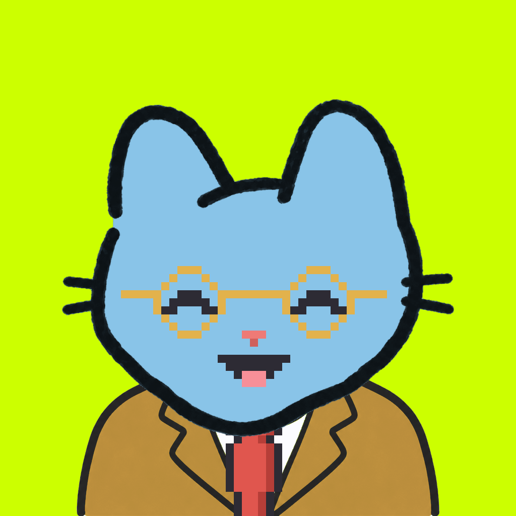 Employee #3220 — a sky cat, in a mustard suit, with a red tie, wearing round-gold glasses, on volt