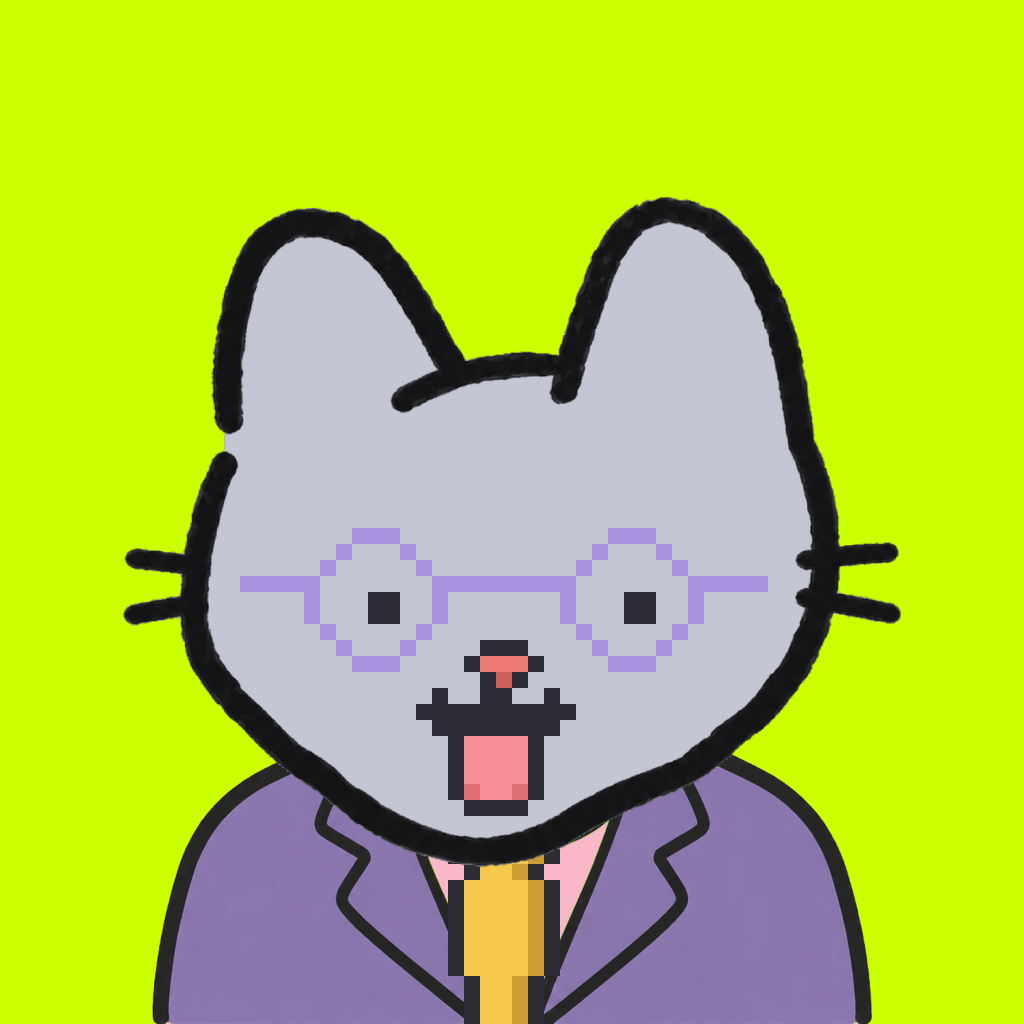 Employee #3221 — a gray cat, in a lavender suit, with a gold tie, wearing round-lavender glasses, on volt