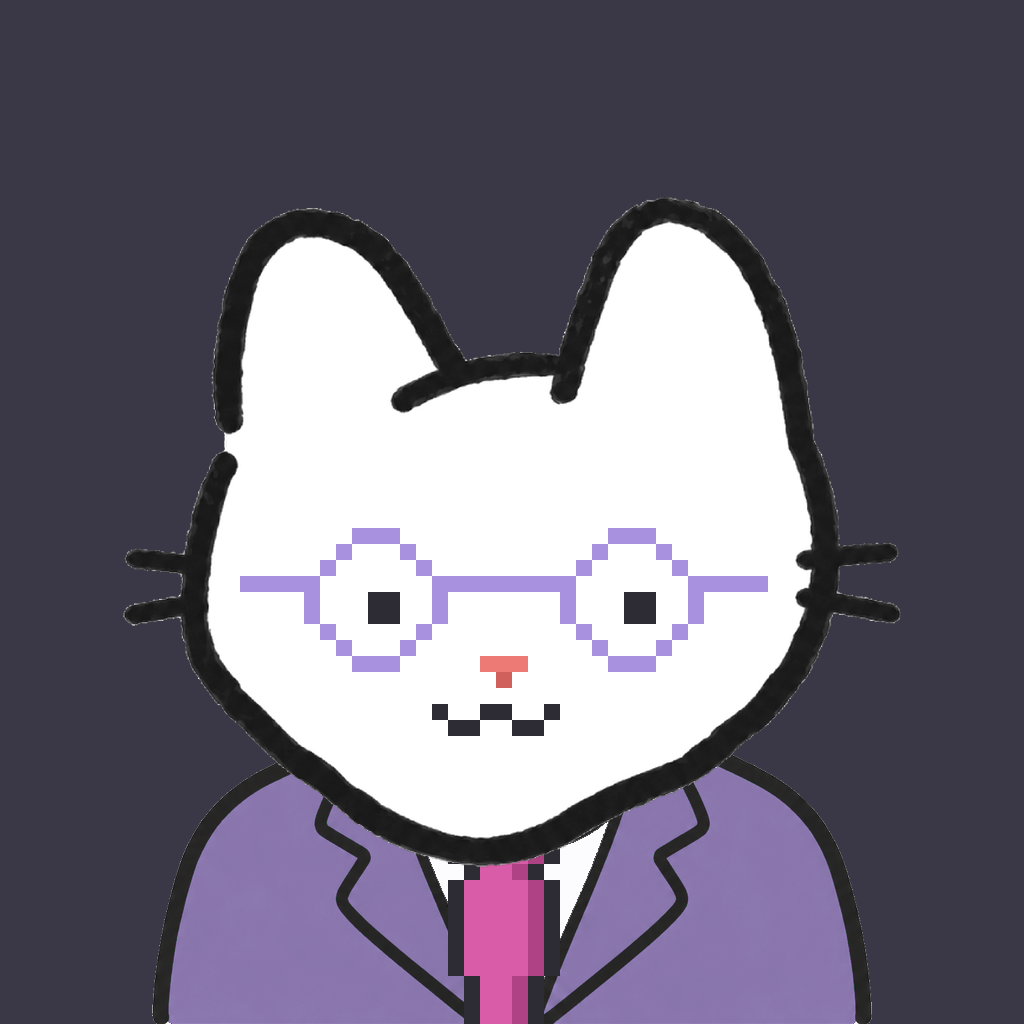 Employee #3222 — a white cat, in a lavender suit, with a magenta tie, wearing round-lavender glasses, on charcoal
