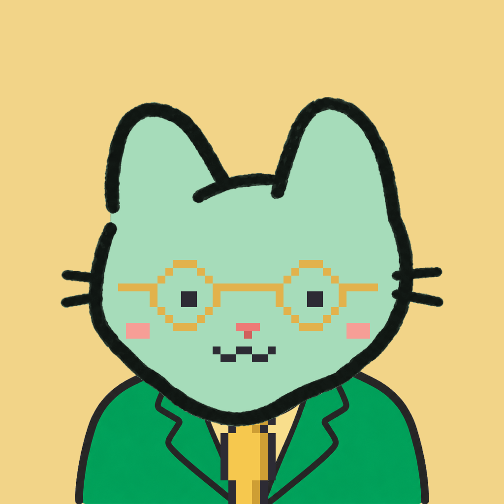 Employee #3223 — a mint cat, in a green suit, with a gold tie, wearing round-gold glasses, on butter