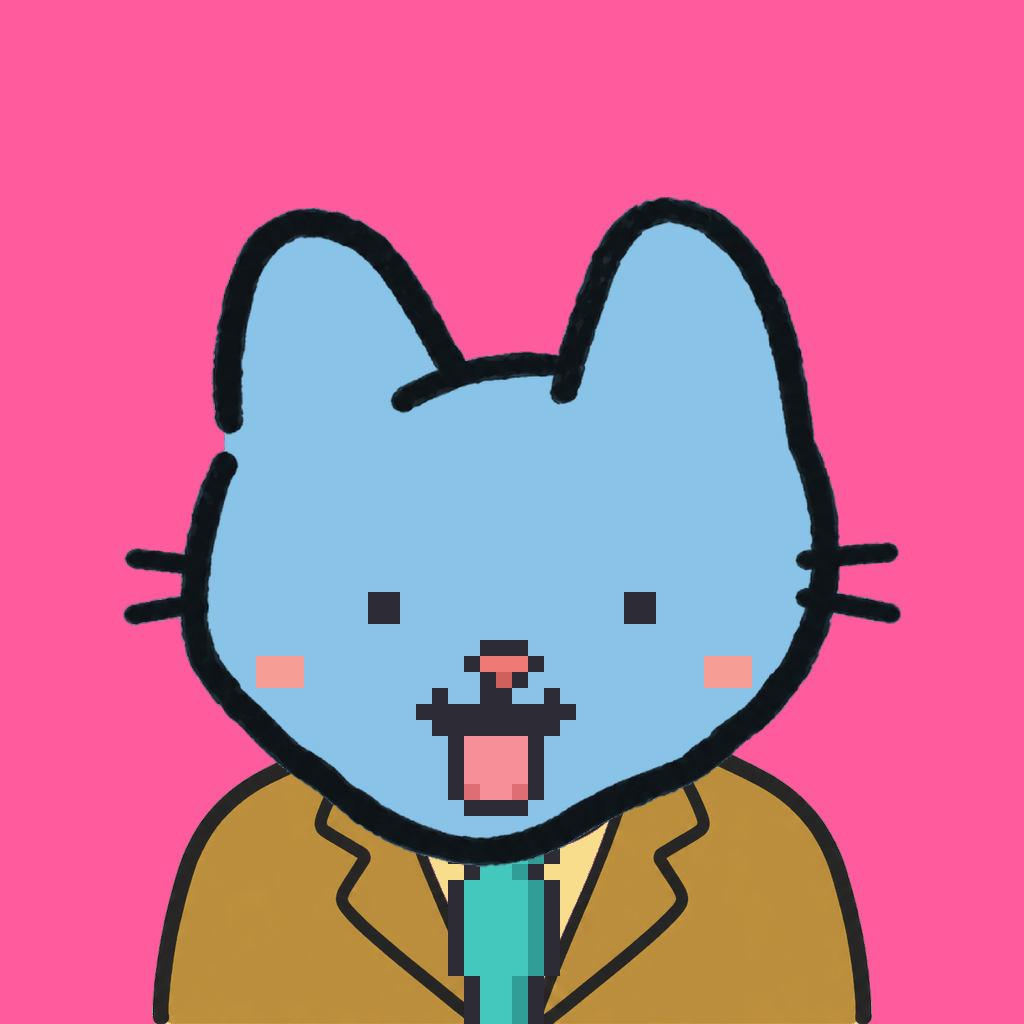 Employee #3224 — a sky cat, in a mustard suit, with a teal tie, on hot pink