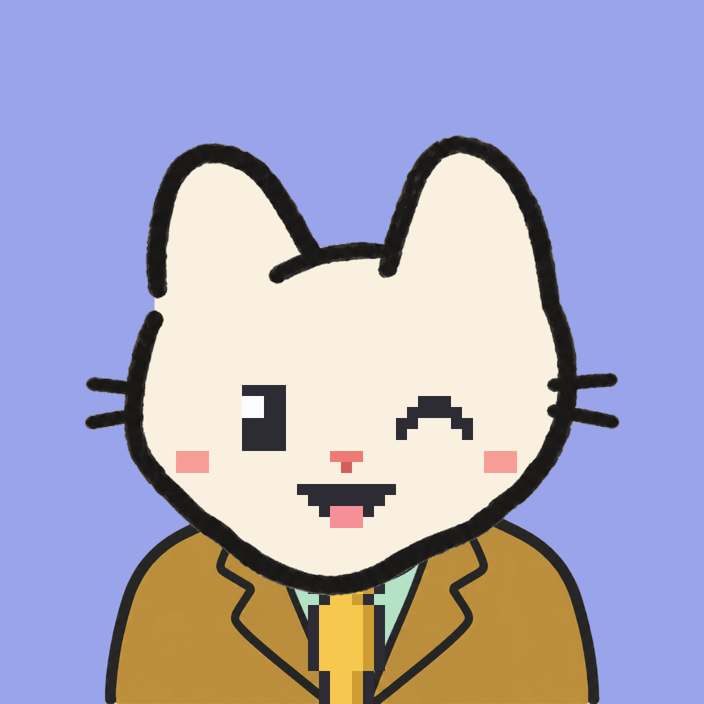 Employee #3225 — a cream cat, in a mustard suit, with a gold tie, on periwinkle