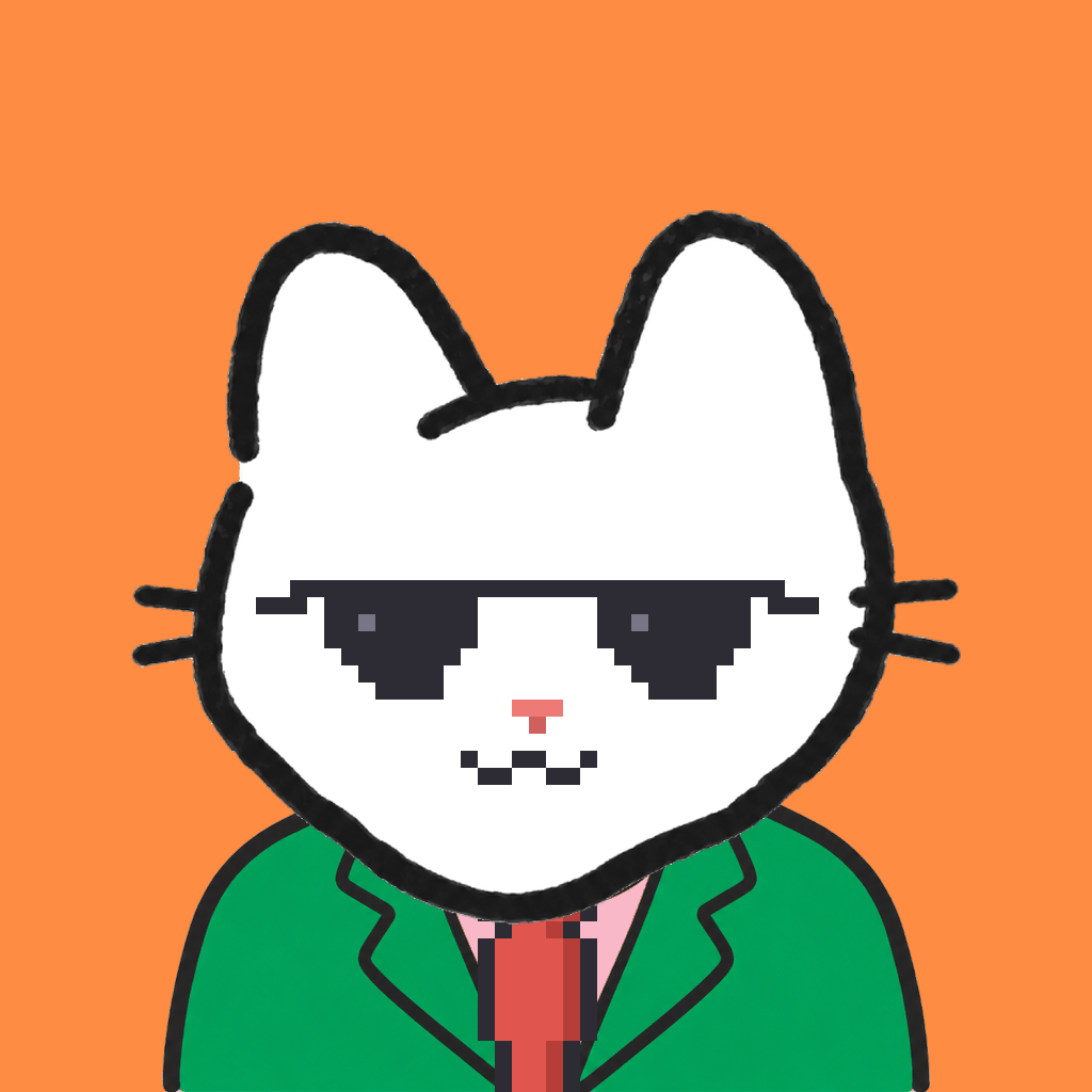 Employee #3226 — a white cat, in a green suit, with a red tie, wearing shades glasses, on tangerine