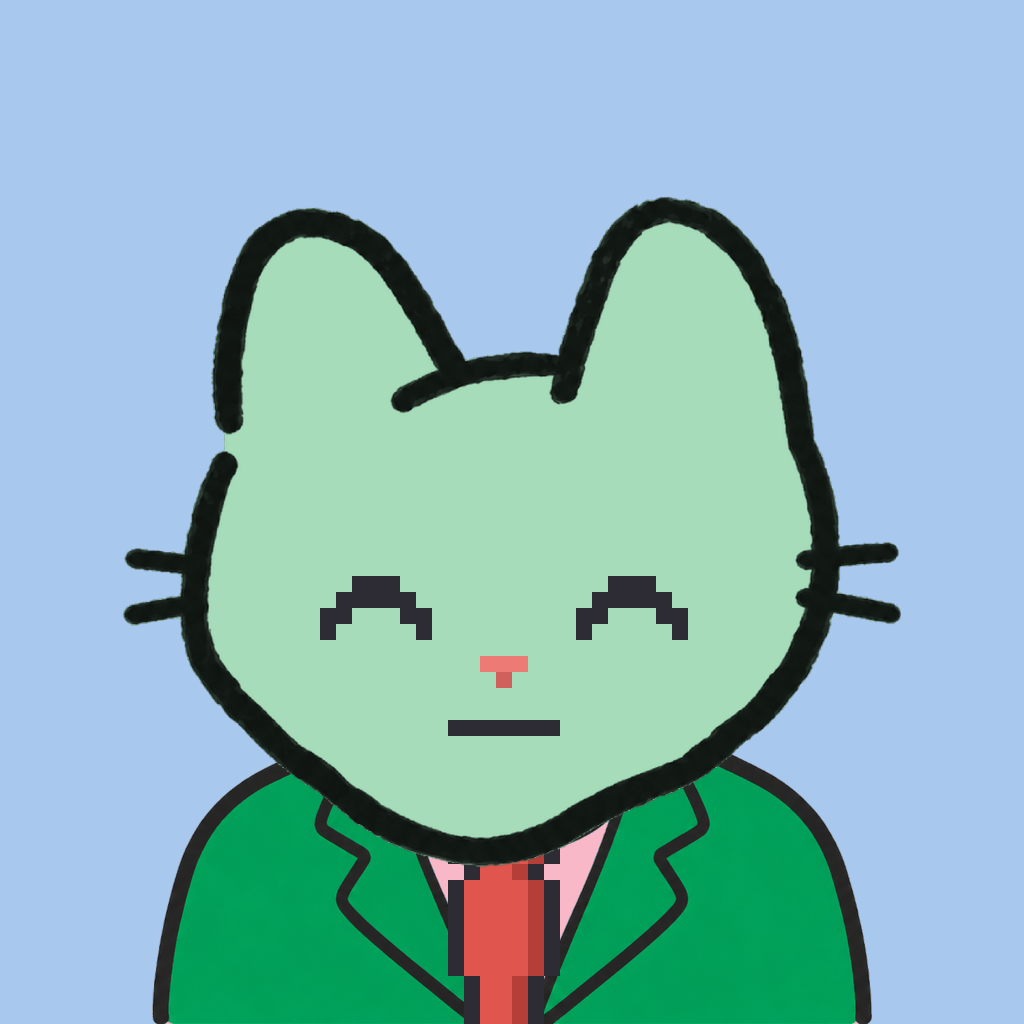Employee #3227 — a mint cat, in a green suit, with a red tie, on sky