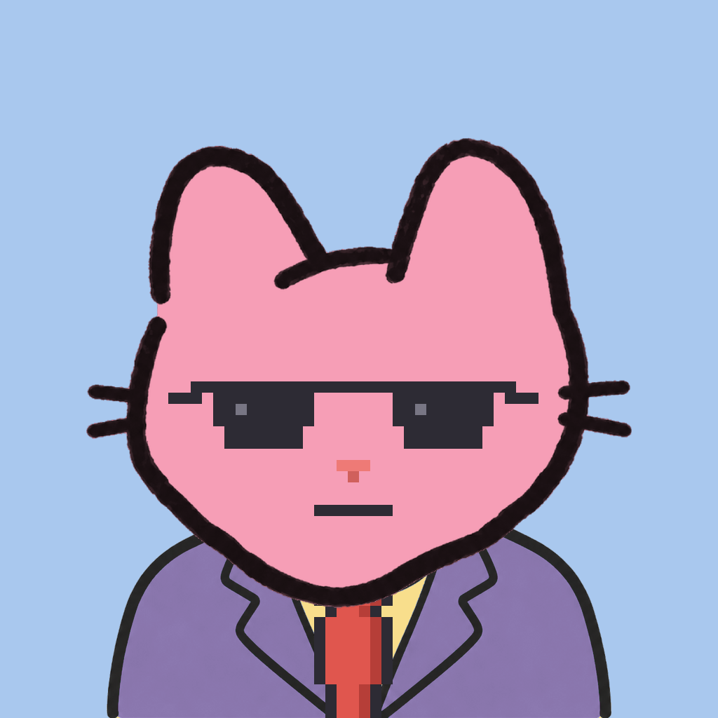 Employee #3228 — a pink cat, in a lavender suit, with a red tie, wearing shades glasses, on sky