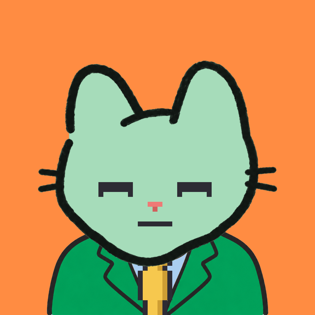 Employee #3229 — a mint cat, in a green suit, with a gold tie, on tangerine