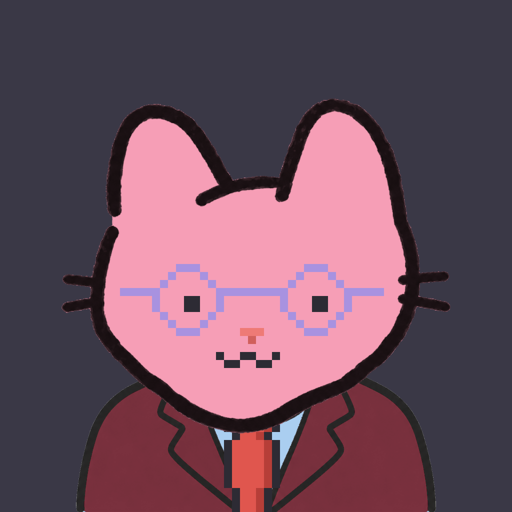 Employee #0323 — a pink cat, in a burgundy suit, with a red tie, wearing round-lavender glasses, on charcoal
