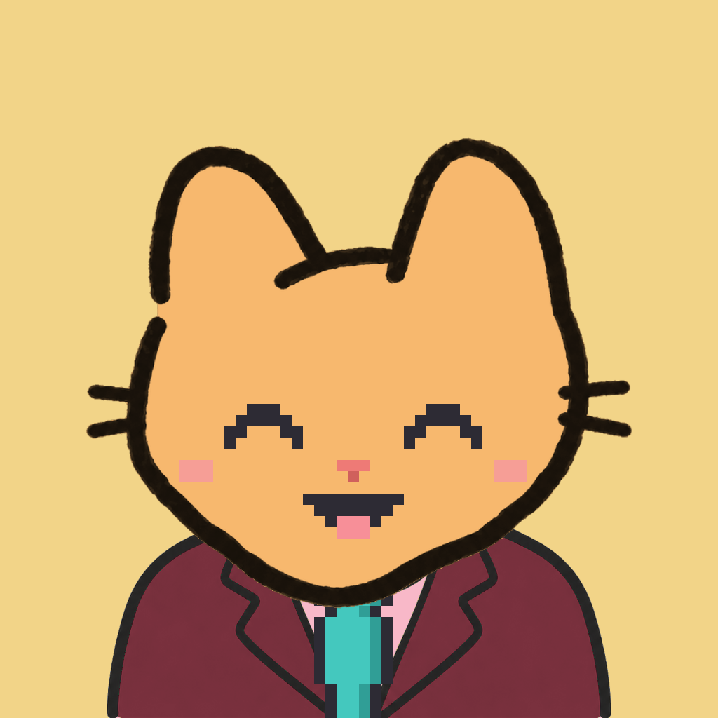 Employee #3230 — a tabby cat, in a burgundy suit, with a teal tie, on butter