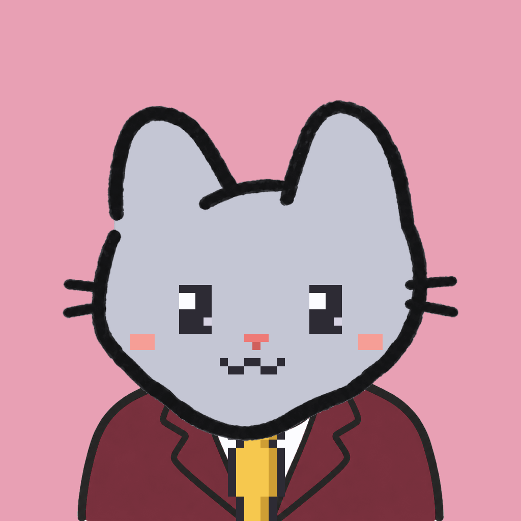 Employee #3231 — a gray cat, in a burgundy suit, with a gold tie, on rose
