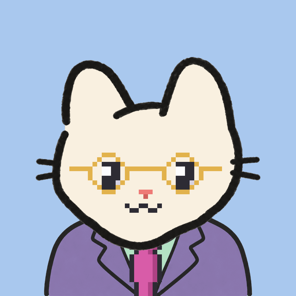 Employee #3232 — a cream cat, in a lavender suit, with a magenta tie, wearing round-gold glasses, on sky