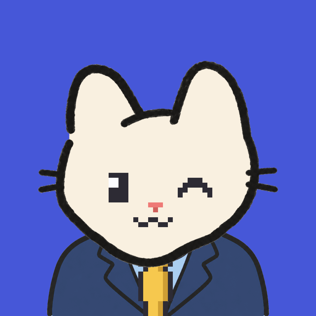 Employee #3233 — a cream cat, in a navy suit, with a gold tie, on royal