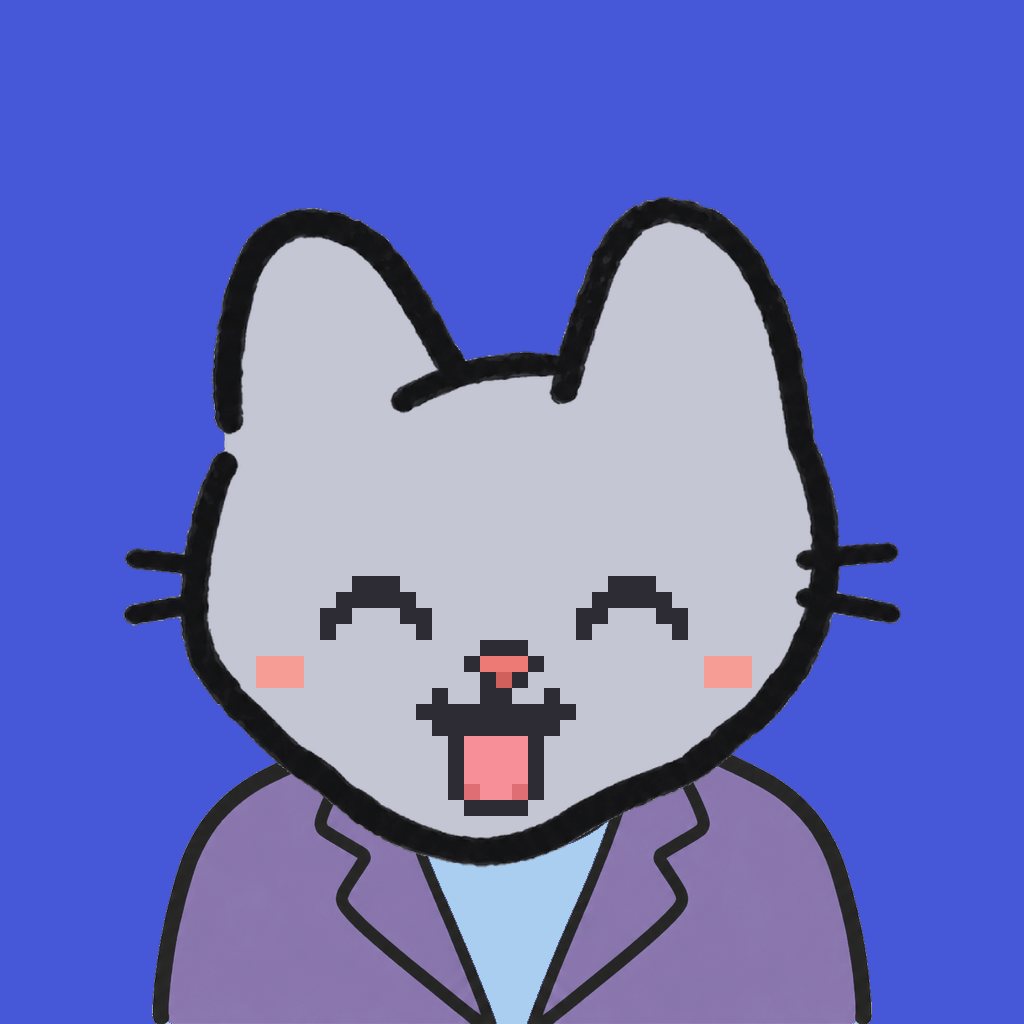 Employee #3234 — a gray cat, in a lavender suit, on royal