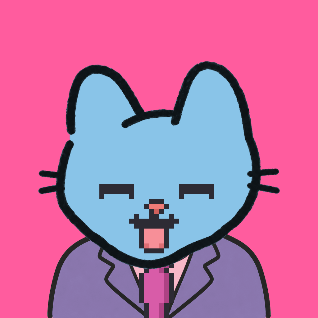 Employee #3235 — a sky cat, in a lavender suit, with a magenta tie, on hot pink