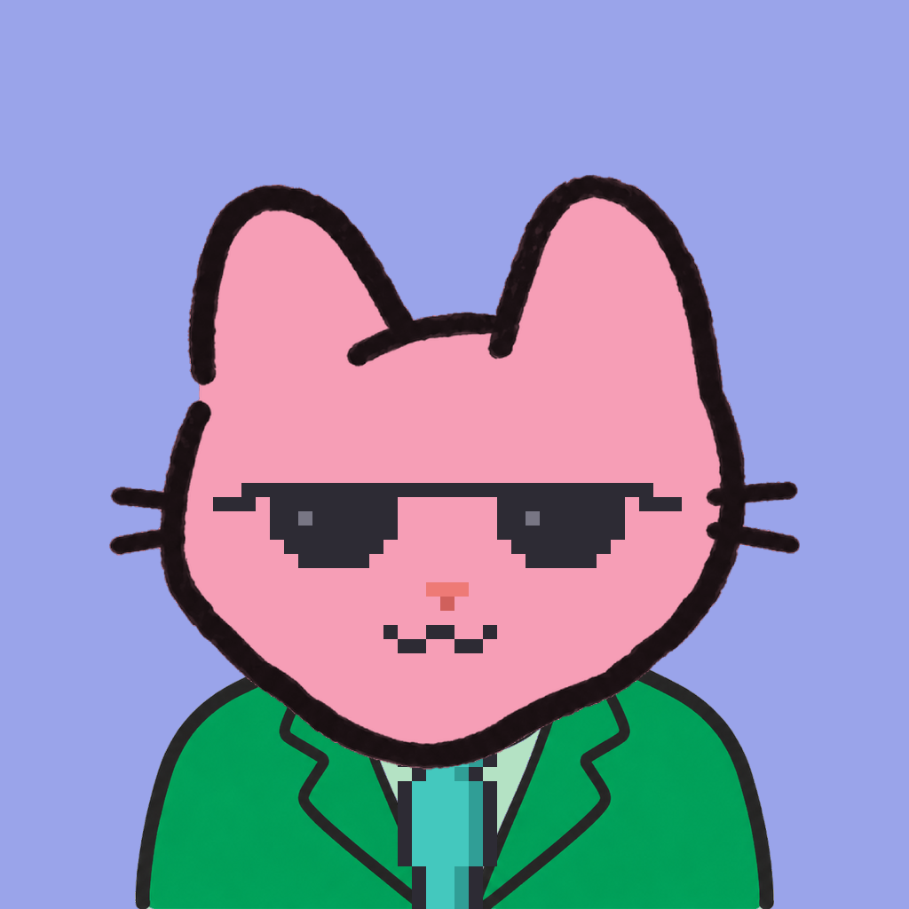 Employee #3236 — a pink cat, in a green suit, with a teal tie, wearing shades glasses, on periwinkle