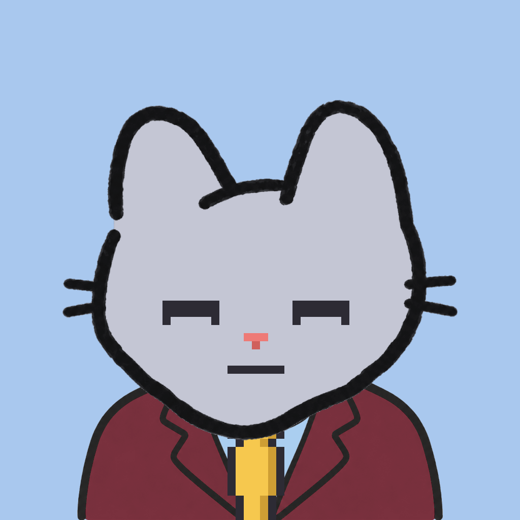 Employee #3237 — a gray cat, in a burgundy suit, with a gold tie, on sky