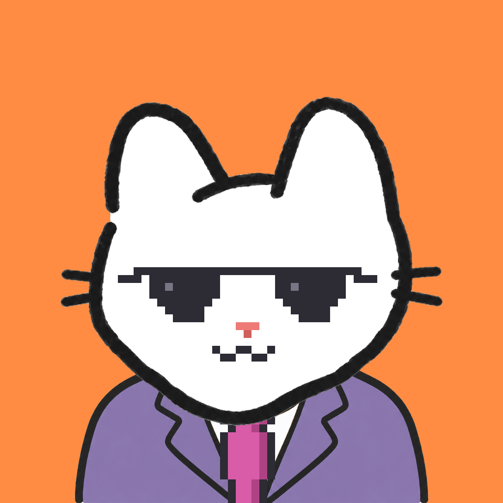 Employee #3238 — a white cat, in a lavender suit, with a magenta tie, wearing shades glasses, on tangerine