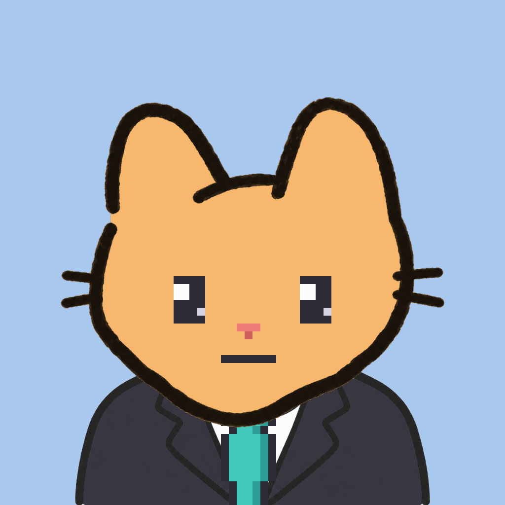 Employee #3239 — a tabby cat, in a black suit, with a teal tie, on sky