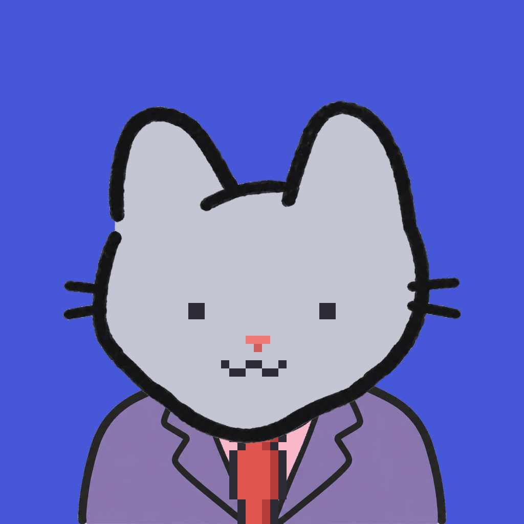 Employee #0324 — a gray cat, in a lavender suit, with a red tie, on royal