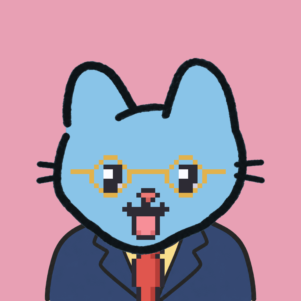 Employee #3240 — a sky cat, in a navy suit, with a red tie, wearing round-gold glasses, on rose