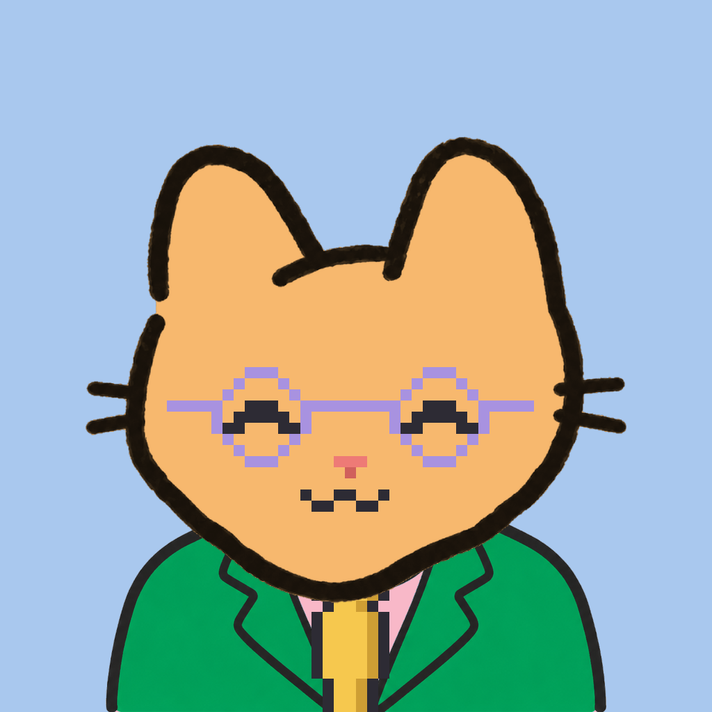 Employee #3241 — a tabby cat, in a green suit, with a gold tie, wearing round-lavender glasses, on sky