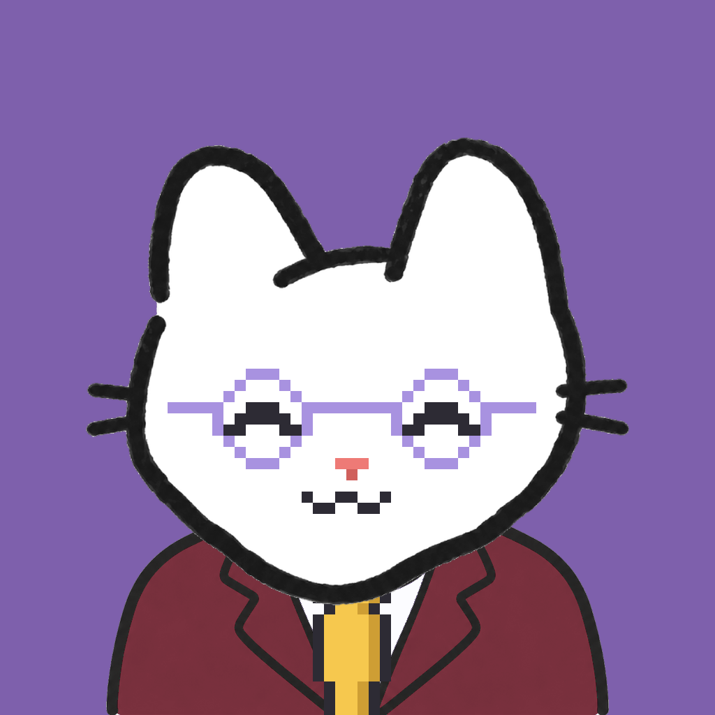 Employee #3242 — a white cat, in a burgundy suit, with a gold tie, wearing round-lavender glasses, on plasma violet