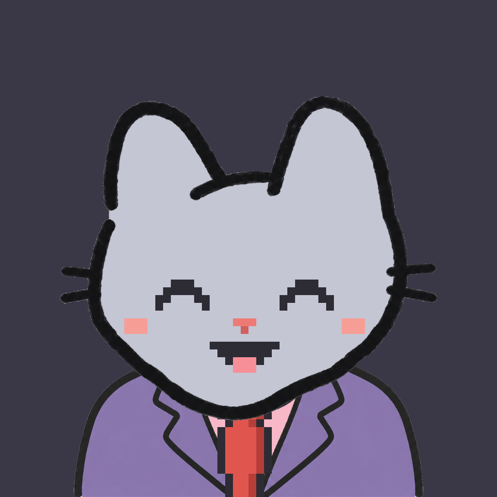 Employee #3243 — a gray cat, in a lavender suit, with a red tie, on charcoal