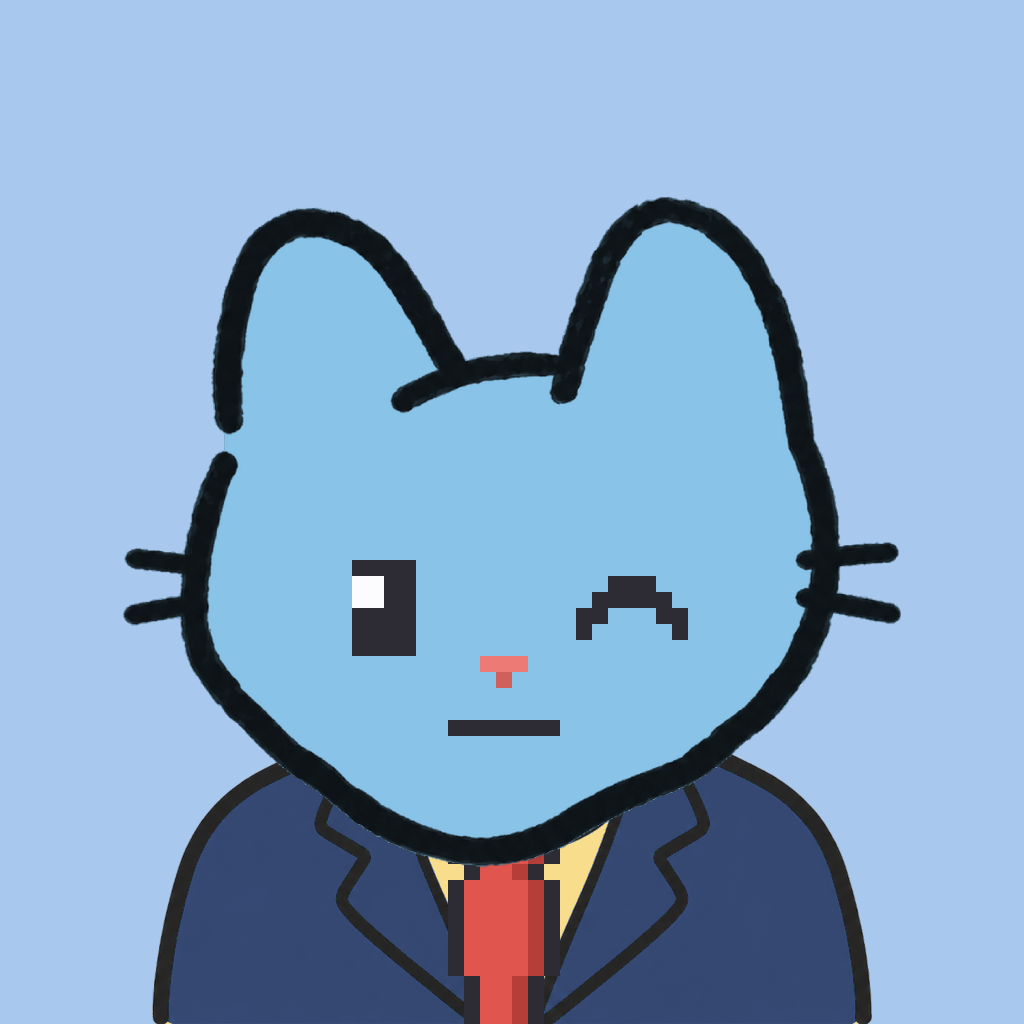 Employee #3244 — a sky cat, in a navy suit, with a red tie, on sky