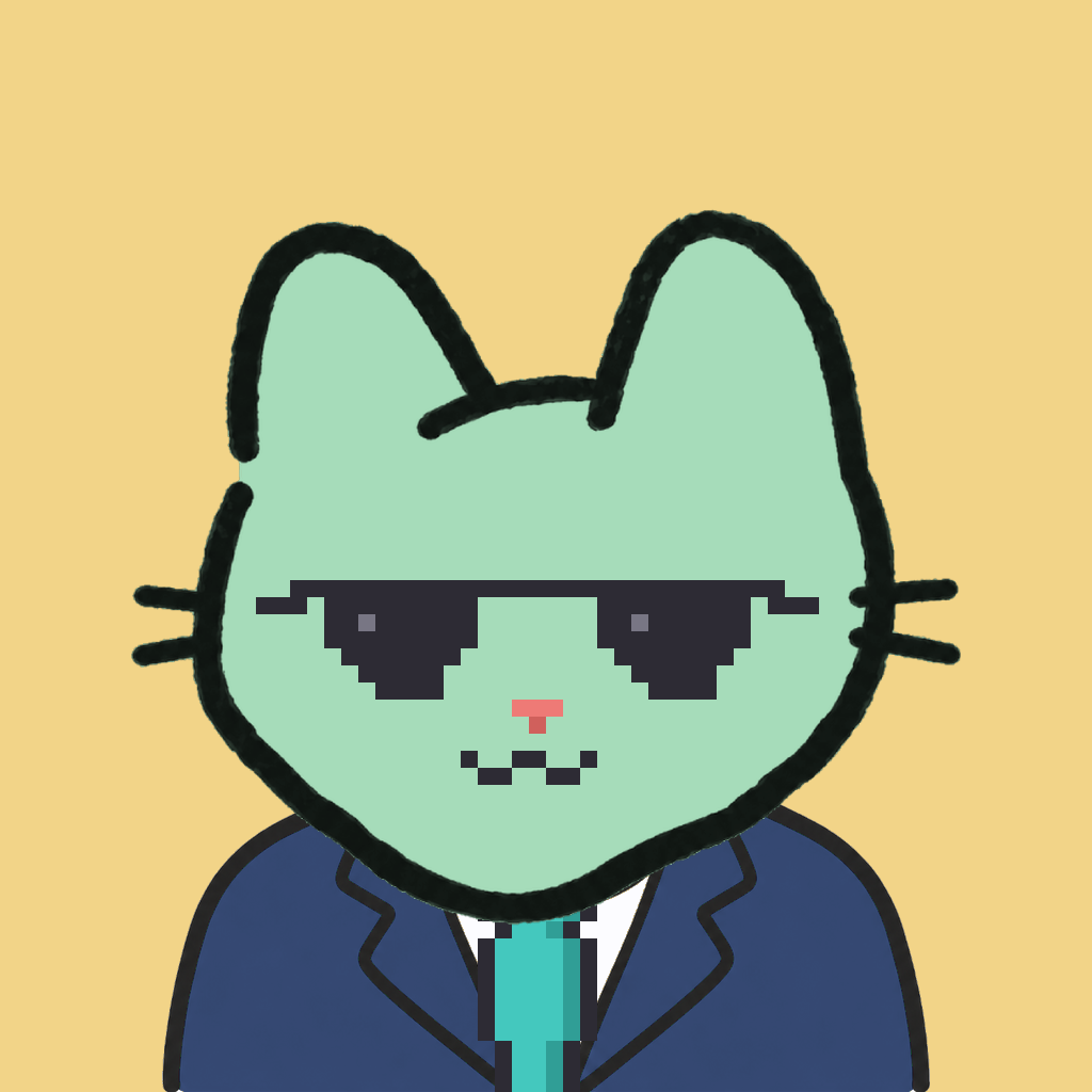 Employee #3245 — a mint cat, in a navy suit, with a teal tie, wearing shades glasses, on butter