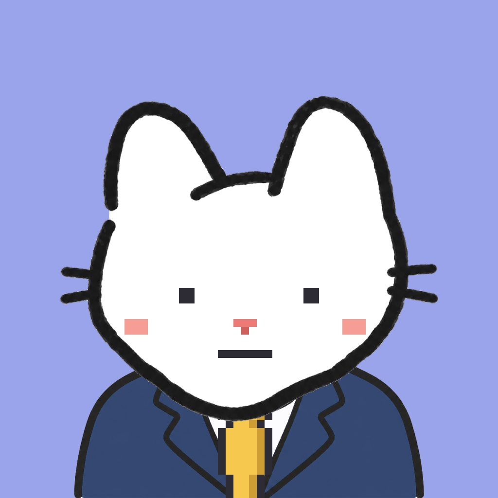 Employee #3246 — a white cat, in a navy suit, with a gold tie, on periwinkle