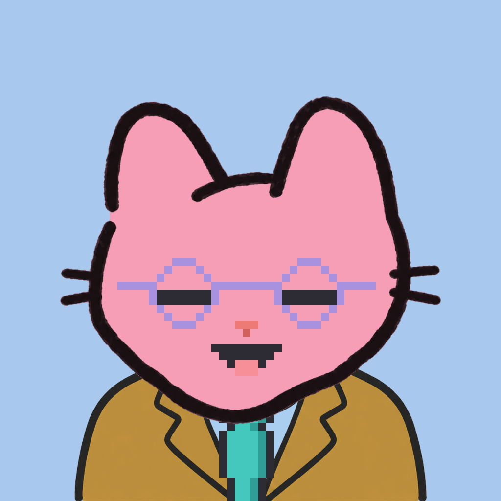 Employee #3247 — a pink cat, in a mustard suit, with a teal tie, wearing round-lavender glasses, on sky