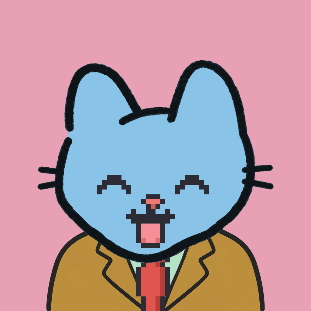 Employee #3248 — a sky cat, in a mustard suit, with a red tie, on rose