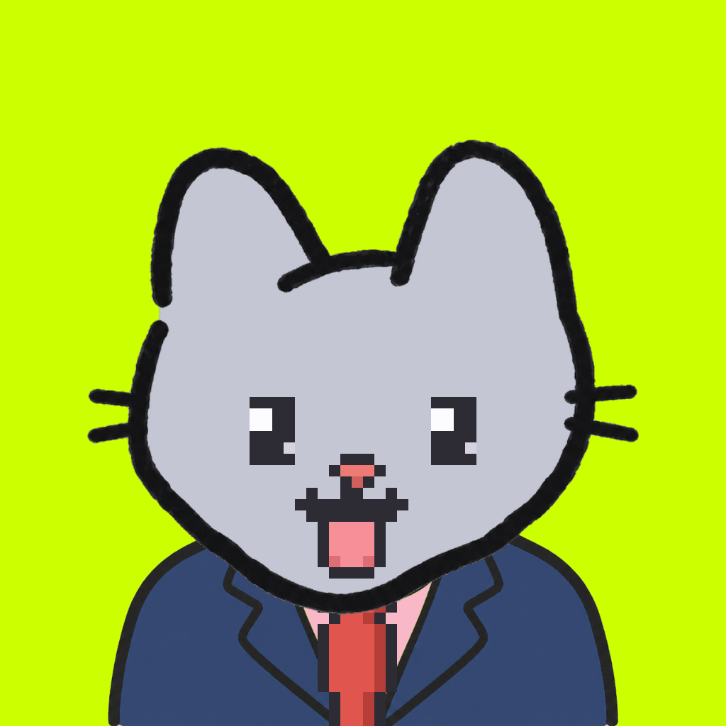 Employee #3249 — a gray cat, in a navy suit, with a red tie, on volt