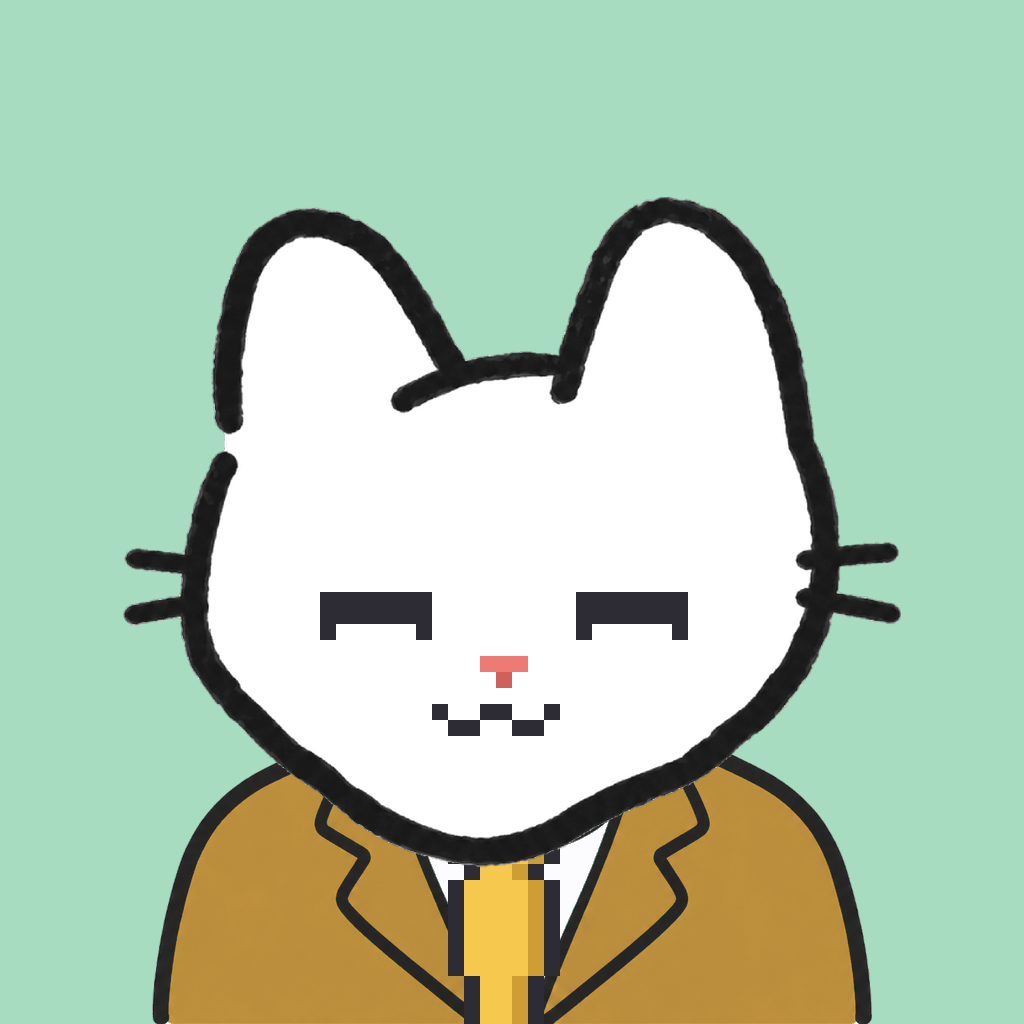 Employee #0325 — a white cat, in a mustard suit, with a gold tie, on mint