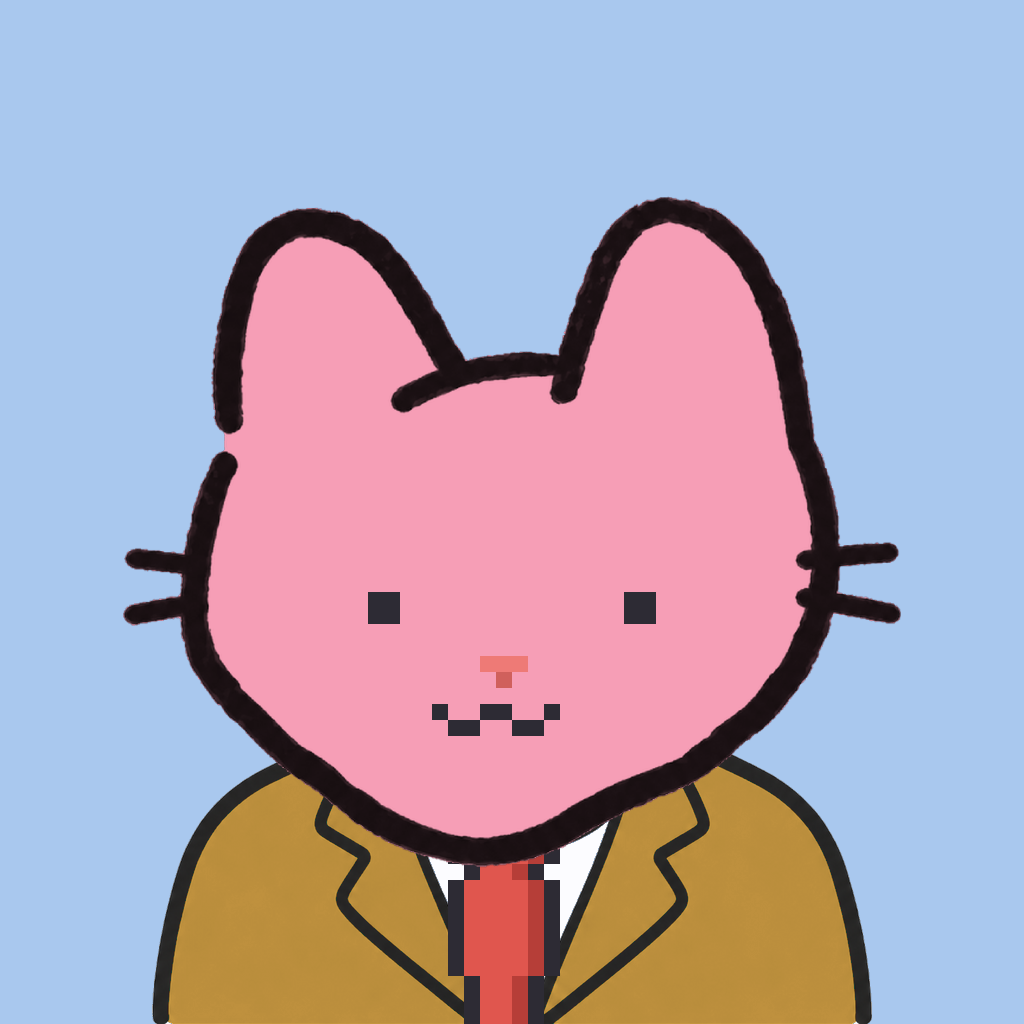 Employee #3250 — a pink cat, in a mustard suit, with a red tie, on sky