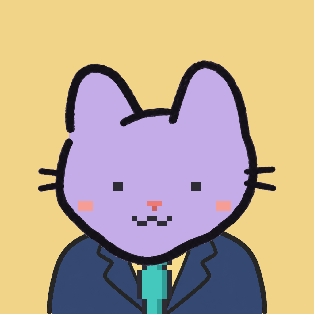 Employee #3251 — a lavender cat, in a navy suit, with a teal tie, on butter