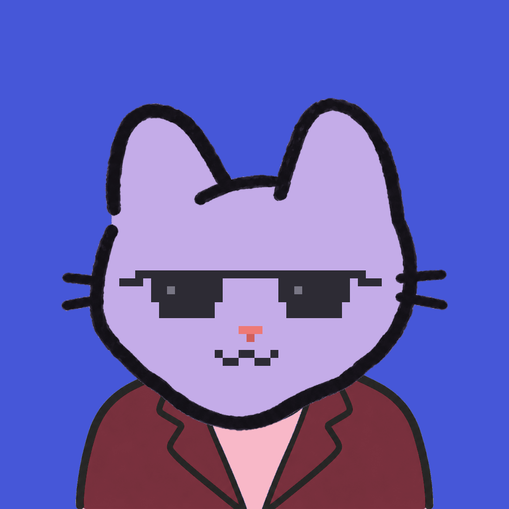 Employee #3253 — a lavender cat, in a burgundy suit, wearing shades glasses, on royal
