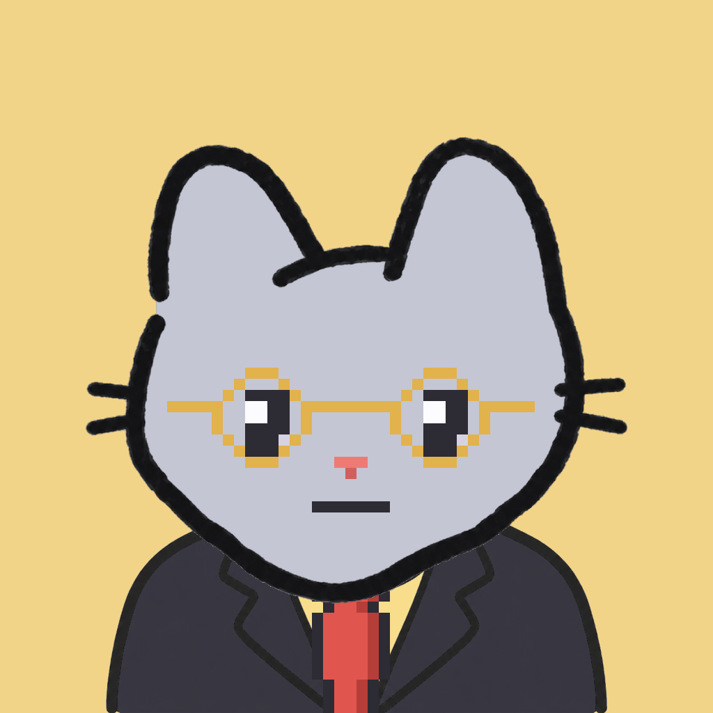 Employee #3254 — a gray cat, in a black suit, with a red tie, wearing round-gold glasses, on butter