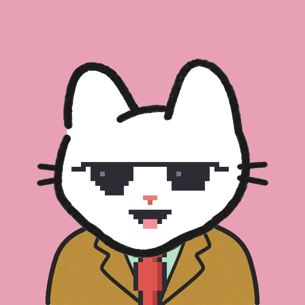 Employee #3255 — a white cat, in a mustard suit, with a red tie, wearing shades glasses, on rose