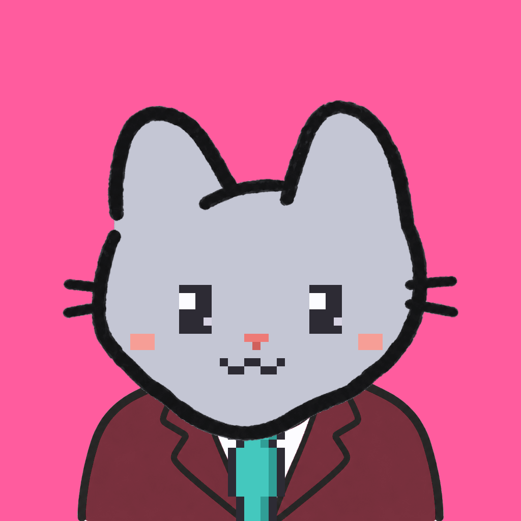Employee #3256 — a gray cat, in a burgundy suit, with a teal tie, on hot pink