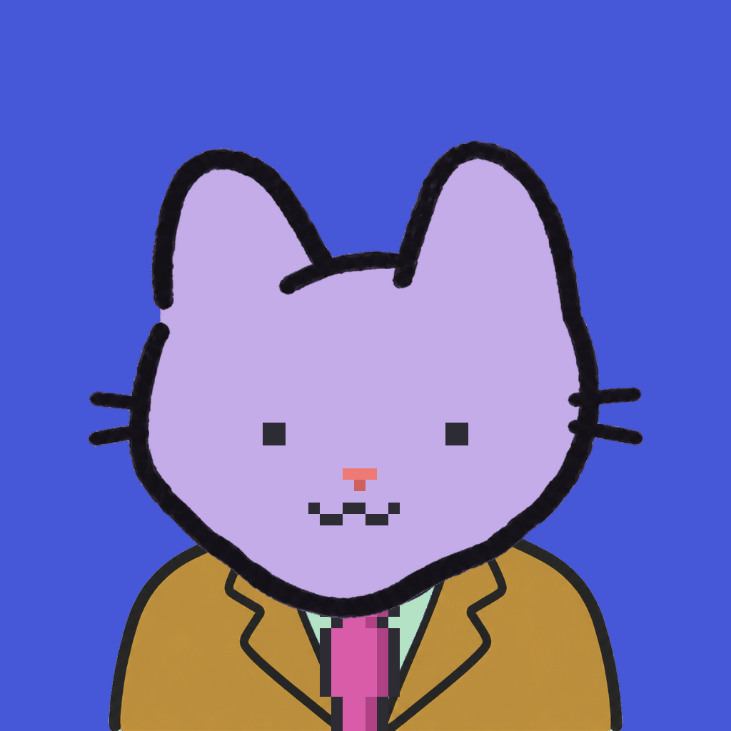 Employee #3257 — a lavender cat, in a mustard suit, with a magenta tie, on royal