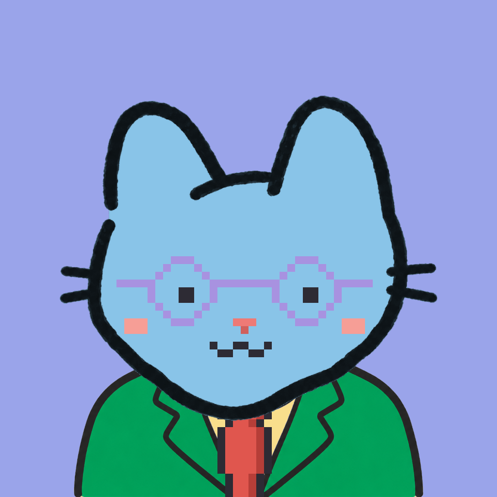 Employee #3258 — a sky cat, in a green suit, with a red tie, wearing round-lavender glasses, on periwinkle