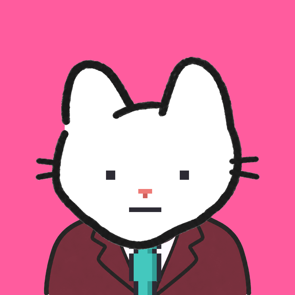 Employee #3259 — a white cat, in a burgundy suit, with a teal tie, on hot pink