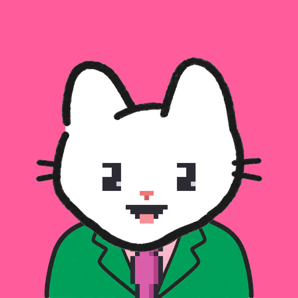 Employee #0326 — a white cat, in a green suit, with a magenta tie, on hot pink